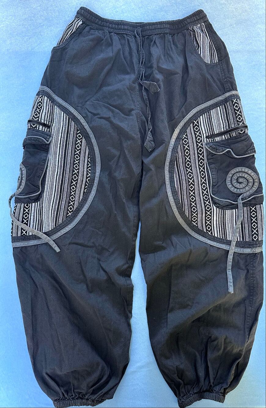 Himalaya Nepal Gheri Cotton Cargo Harem Pants Black Boho Hippie Festival L/XL